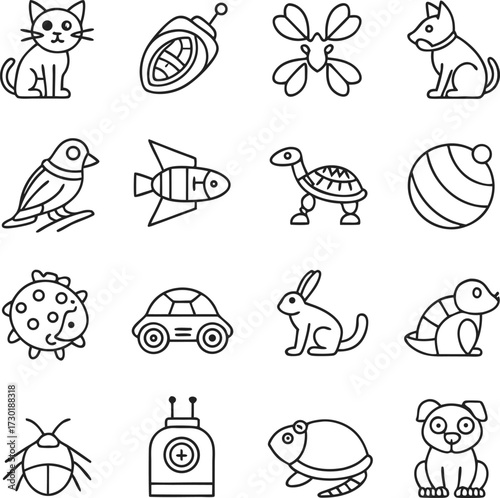 Charming line art collection of pets and toys. Whimsical icons for kids, pet stores, and playful designs. Simple, clean, and easily adaptable for various uses.