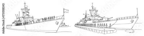 Two Navy Warships at Sea Drawn in a Continuous Line Art Style