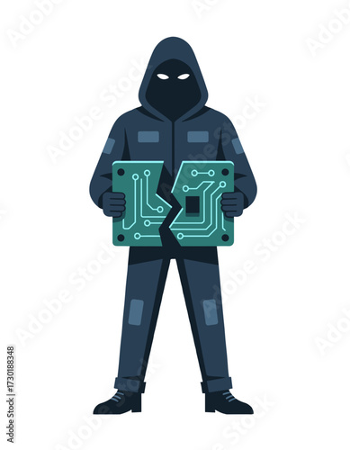 Hooded Hacker Breaking Circuit Board Data Cyber Security Threat