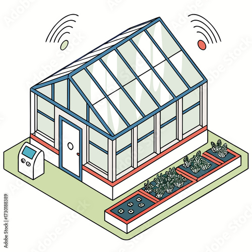Modern smart greenhouse with automated climate control and integrated garden beds illustrating advanced agricultural technology and sustainable urban farming concepts