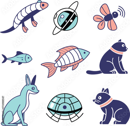 Whimsical animal and space creature collection for kids' designs, stickers, and educational materials, a playful and imaginative animal illustration set