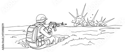 Soldier in a Trench During Battle Drawn in a Single Continuous Line