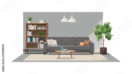 Illustration of a living room interior with a gray sofa, bookshelf, and potted plant in a bright space