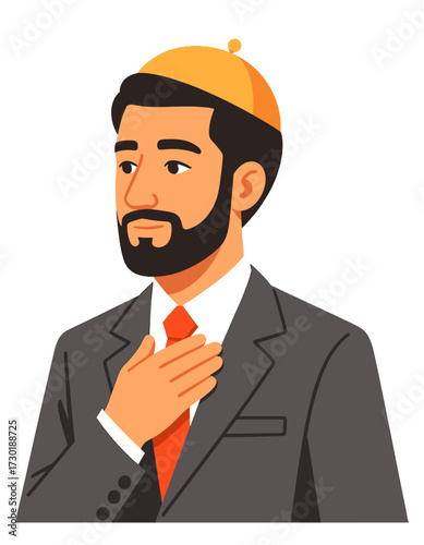 Bearded Man Suit Tie Yarmulke Hand Chest Business Professional