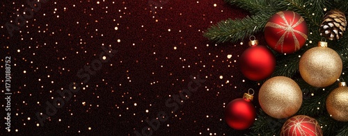Capture the essence of Christmas with vibrant ornaments and festive decorations against a rich, warm backdrop, perfect for holiday themes.
