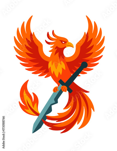 Flaming Phoenix Bird Holding Sword Logo Esport Mascot Concept