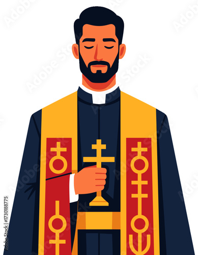 Catholic Priest Holding Cross Christian Spirituality Flat Illustration