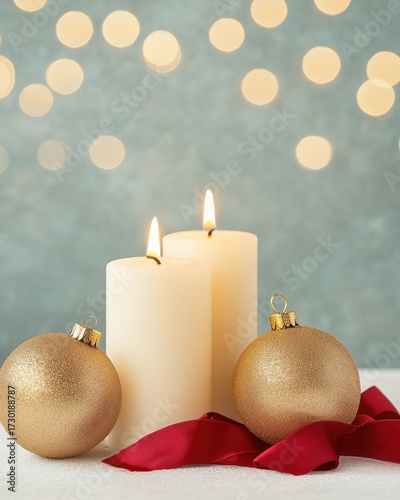 Elegant holiday decor featuring white candles, gold ornaments, and soft bokeh lights, perfect for creating a cozy atmosphere.
