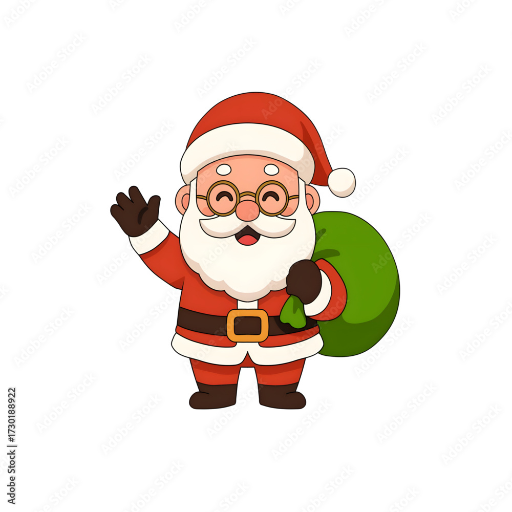 Obraz premium Cartoon santa claus waves hello wearing eyeglasses and a red suit while holding a green sack on a white background