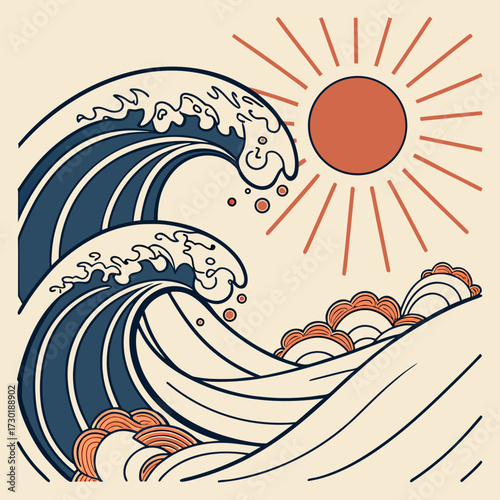 Stylized illustration of powerful blue ocean waves crashing under a warm orange sun with radiating lines evoking a sense of nature s beauty and dynamic energy in a minimalist artistic style