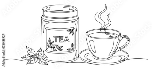One Line Art of a Cup of Hot Tea with a Jar and Mint Leaves