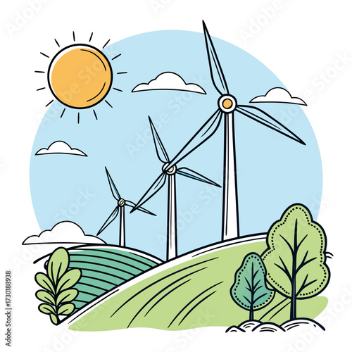 Stylized illustration of wind turbines on rolling green hills under a bright sun and blue sky with fluffy clouds representing renewable energy and a clean environment