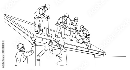 Team of Construction Workers Building a Roof One Line Art
