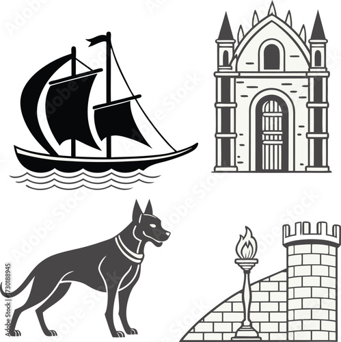 Create your own coat of arms with this heraldic design elements kit featuring a sailing ship, great dane, castle and tower perfect for branding needs
