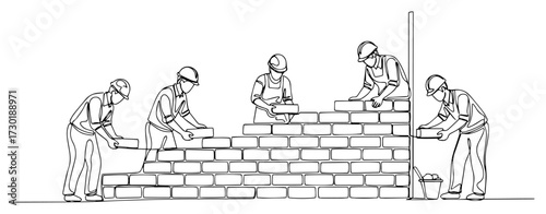 Bricklayers Building a Brick Wall at a Construction Site Line Art