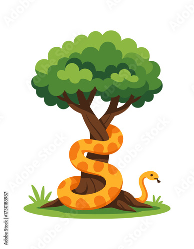 Cartoon Snake Coiled Around Tree Cute Character Wild