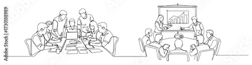 Business Team in a Meeting and Presentation Line Art Set
