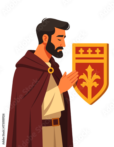 Medieval Knight Praying Shield Illustration Religious Faith Vector Graphic