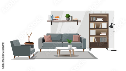 Interior design featuring a gray sofa, armchair, bookshelf, and decorative elements in a living room