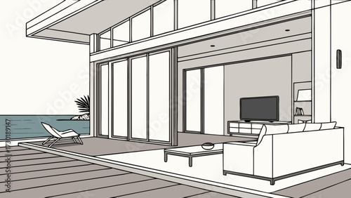 Illustration of a modern house interior with ocean view and minimalist furniture design elements shown