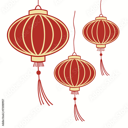 Three traditional red and gold chinese lanterns with tassels hang suspended against a clean white background symbolizing celebration good fortune and cultural heritage during festive occasions