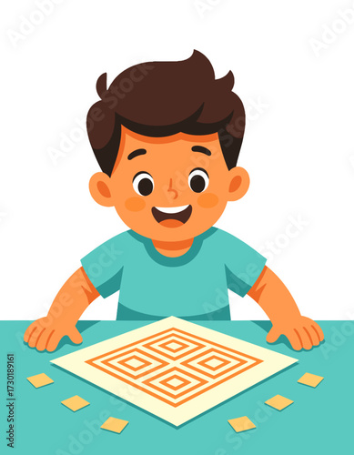 Happy Boy Playing Board Game Kids Entertainment Activity
