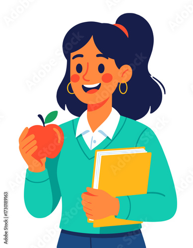 Happy Woman Holding Apple Books Teacher Student Flat Character Illustration