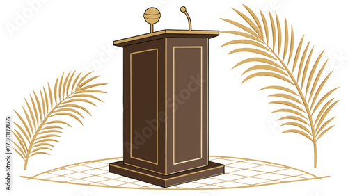 A brown podium with a microphone and two golden palm fronds on a golden grid background design