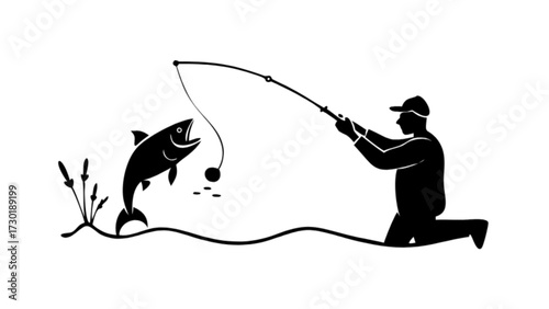 Silhouette of a fisherman reeling in a jumping fish with a fishing rod against a white background scene