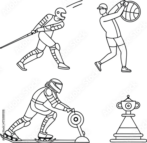 Dynamic line art illustration of diverse athletic sports action poses, perfect for fitness branding or sports-themed designs with a modern, clean aesthetic