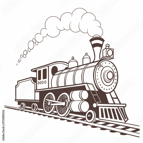 Vintage steam locomotive train with billowing smoke plumes traveling on railroad tracks classic transportation historical travel and industrial revolution imagery