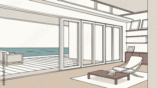 Illustration of a modern living room with large windows overlooking the ocean and minimalist furniture