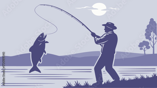 Silhouette of a fisherman catching a fish under the moonlight near mountains and trees landscape