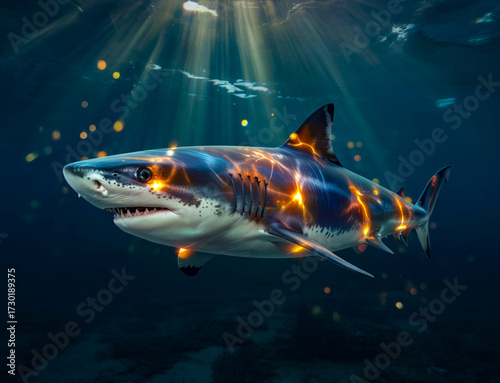 Wallpaper Mural Shark with Glowing Lightning Streaks in Deep Ocean Scene Torontodigital.ca