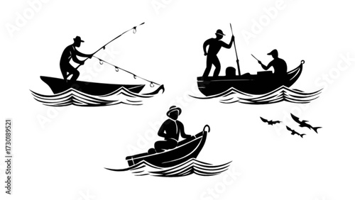 Silhouette illustration featuring three fishermen in boats with fishing rods and flying birds on the water