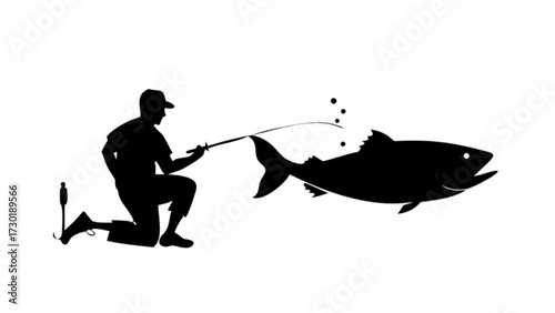 Silhouette of a man fishing with a rod catching a large fish in black and white vector illustration
