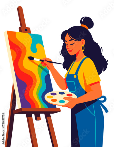 Female Artist Painting Rainbow Art on Canvas Easel