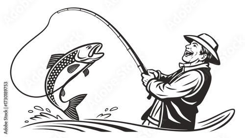 Illustration of a fisherman catching a fish with a fishing rod in a boat on the water happily looking up