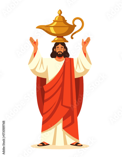 Jesus Christ with Magic Gold Lamp on Head Religious Blessing Illustration
