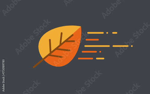 A minimalist graphic illustration of a single orange and yellow autumn leaf blowing swiftly in the wind against a dark gray background.