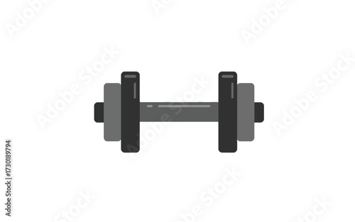 A simple, flat-design illustration of a single grey and black dumbbell on a white background, representing fitness and strength training.