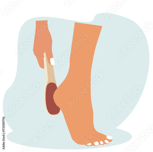 foot smoothing tool. Nail filing procedure, pedicure process, treatment and foot care