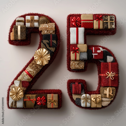 Number 25 Composed of Wrapped Gifts and Red Tinsel