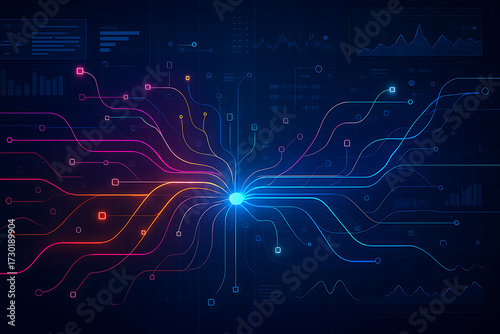 Centralized digital hub with glowing neon data streams spreading outward symbolizing technology analytics network and artificial intelligence