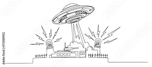 UFO Abducting a Factory with a Tractor Beam One Line Drawing