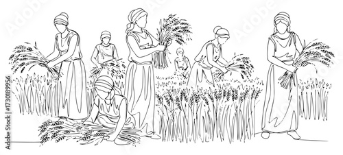 Female Farmers Harvesting Wheat in a Traditional Scene Single Line Art