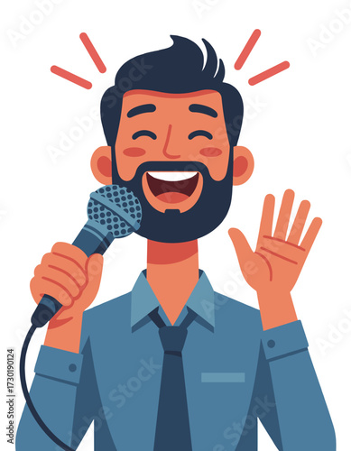 Happy Man Singing Holding Microphone Flat Design