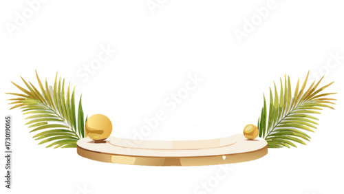 Elegant display platform featuring tropical palm fronds and golden spheres for product showcase design