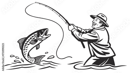 A fisherman in a hat reeling in a jumping fish with a fishing rod in a black and white illustration