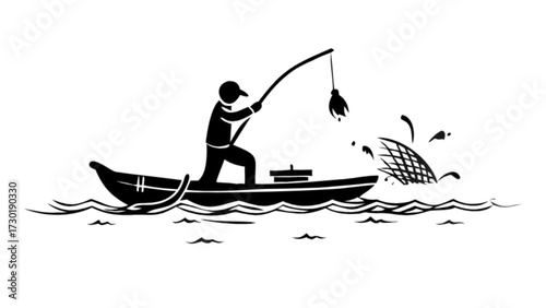 Silhouette of a fisherman in a boat catching a fish with a fishing rod on the water surface view